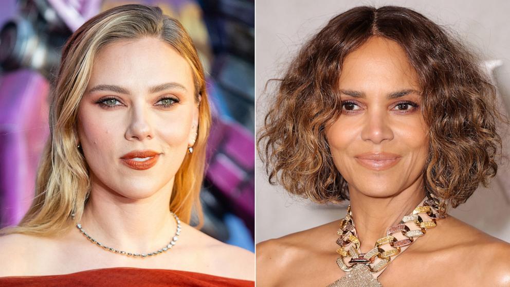 PHOTO: In this split image, Scarlett Johansson attends the Premiere of "Transformers One" on Sept. 19, 2024 in London and Halle Berry attends Lionsgate's "Never Let Go" World Premiere at Regal Times Square on Sept. 16, 2024 in New York City. 