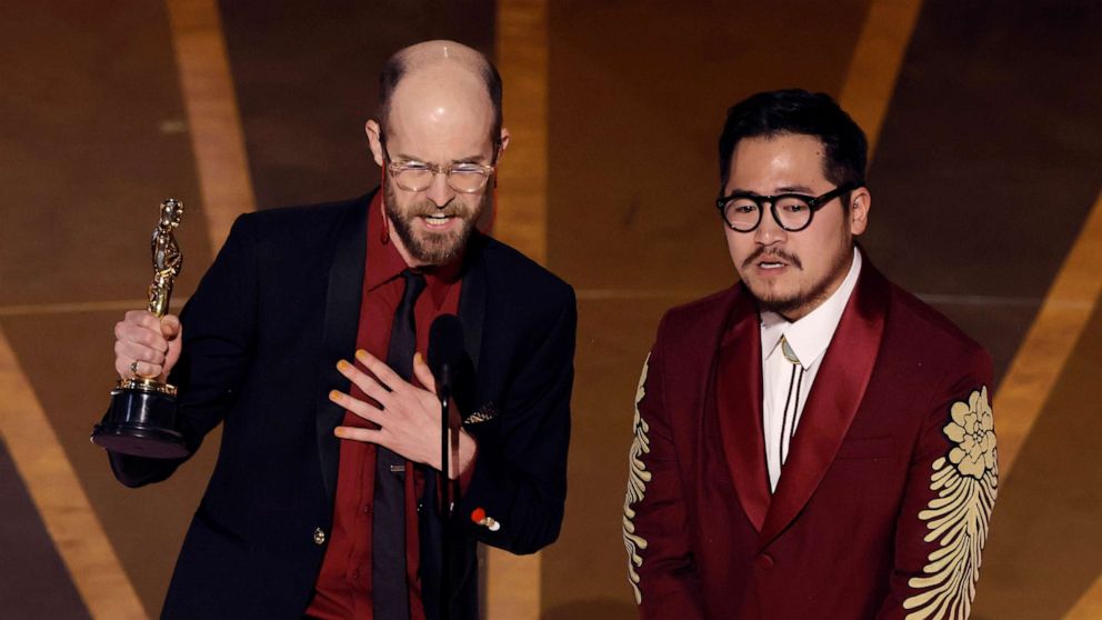 PHOTO: Daniel Scheinert, left, and Dan Kwan accept the Best Director award for "Everything Everywhere All at Once" onstage during the Oscars, March 12, 2023, in Hollywood, Calif.