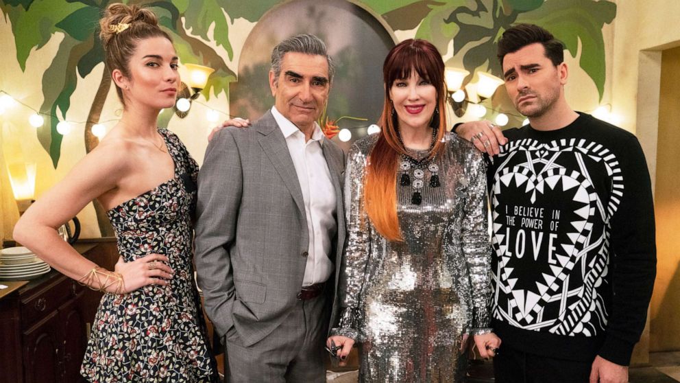 PHOTO: This image released by Pop TV shows, from left, Annie Murphy, Eugene Levy, Catherine O'Hara and Dan Levy from the series "Schitt's Creek." The program is nominated for an Emmy Award for outstanding comedy series.