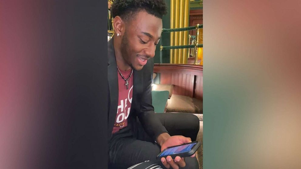 PHOTO: Amir Staten, 17, reacts to learning he is the recipient of a full-ride Bonner Scholars scholarship at Morehouse College.