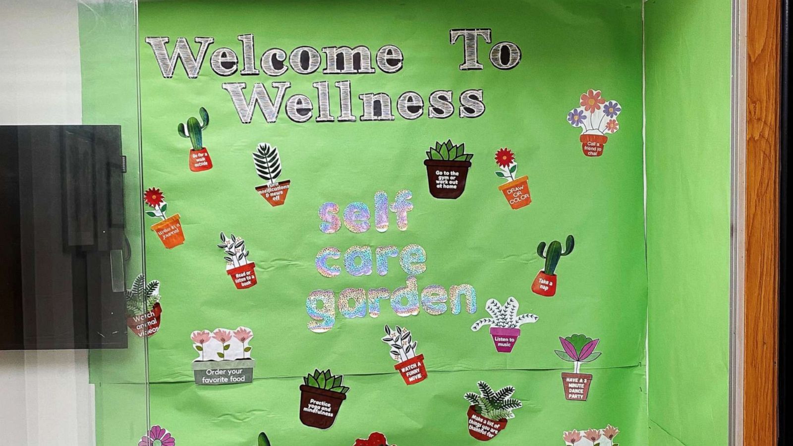 PHOTO: A bulletin board celebrating wellness and self care is seen in an undated photo.