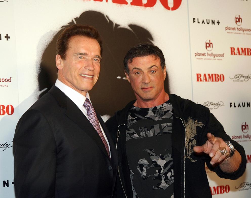 PHOTO: In this 2008, file photo, California Governor Arnold Schwarzenegger and actor Sylvester Stalllone arrive for the world premiere of "Rambo" at the Planet Hollywood resort in Las Vegas.