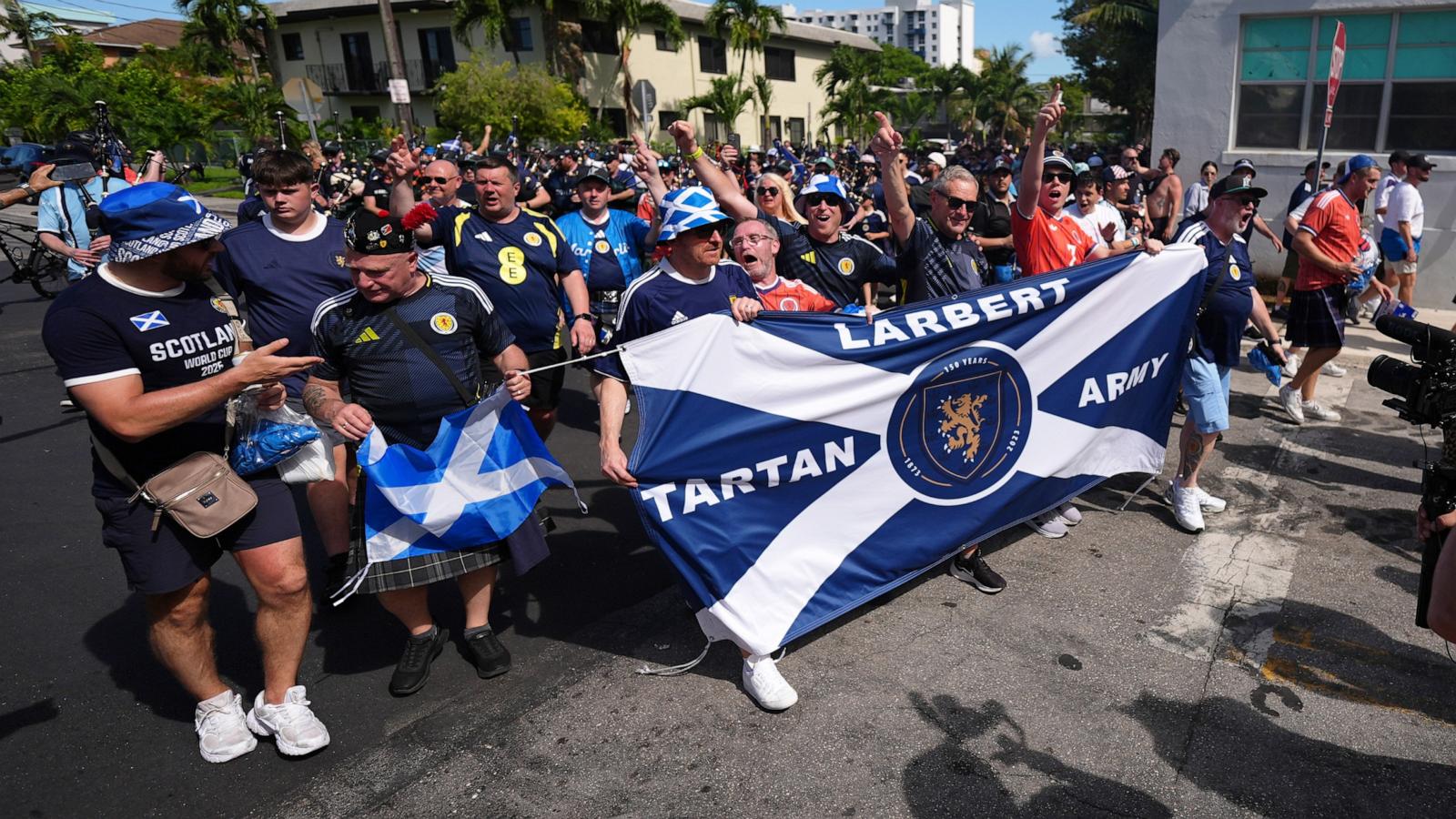 PHOTO: Scotland soccer fans march with the Tartan Army from Miami's Little Havana neighborhood on their way to watch a Miami Marlins baseball game, on June 22, 2026.