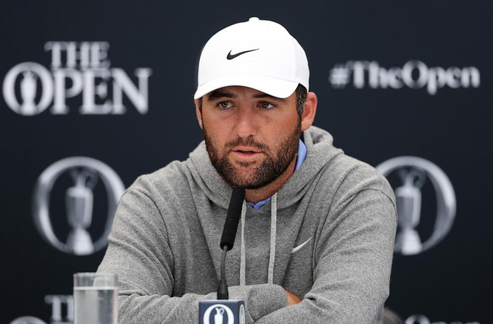 PHOTO: Scottie Scheffler of the United States speaks to the media during a press conference prior to The 153rd Open Championship at Royal Portrush Golf Club on July 15, 2025 in Portrush, Northern Ireland.