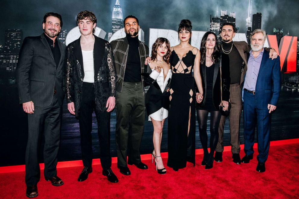 PHOTO: Skeet Ulrich, Jack Champion, Mason Gooding, Jenna Ortega, Melissa Barrera, Courteney Cox, Josh Segarra and Henry Czerny at the premiere of "Scream VI" held at AMC Lincoln Square on March 6, 2023 in New York City.