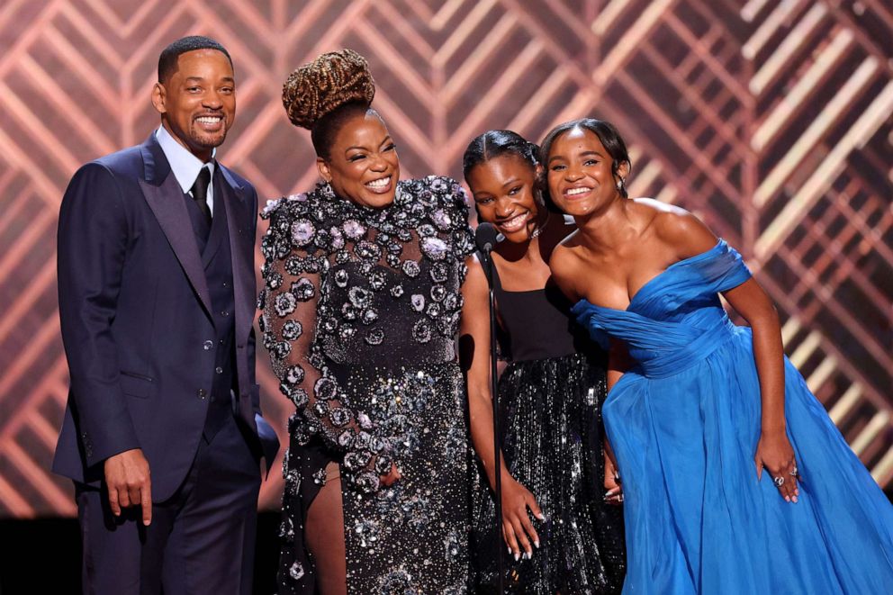 PHOTO: Will Smith, Aunjanue Ellis, Demi Singleton and Saniyya Sidney present a clip of "King Richard," onstage during the 28th Annual Screen Actors Guild Awards at Barker Hangar, Feb. 27, 2022, in Santa Monica, Calif.