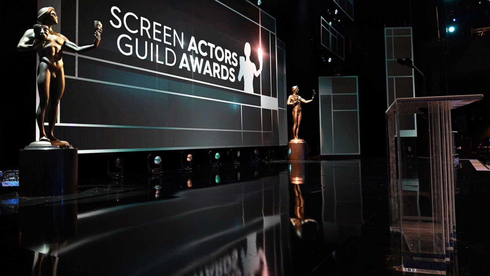 PHOTO: In this Jan. 18, 2020, file photo, SAG award statues are seen on stage as final preparations are made at the Shrine Auditorium for the 26th annual Screen Actors Guild Awards in Los Angeles.