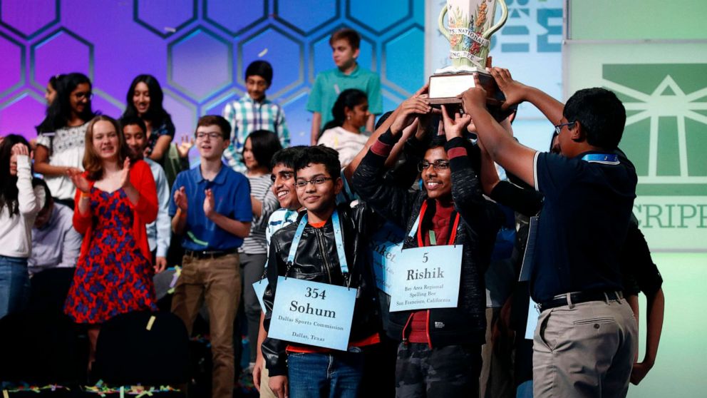 PHOTO: In this May 31, 2019 file photo, eight co-champions celebrate after winning the Scripps National Spelling Bee, in Oxon Hill, Md. 