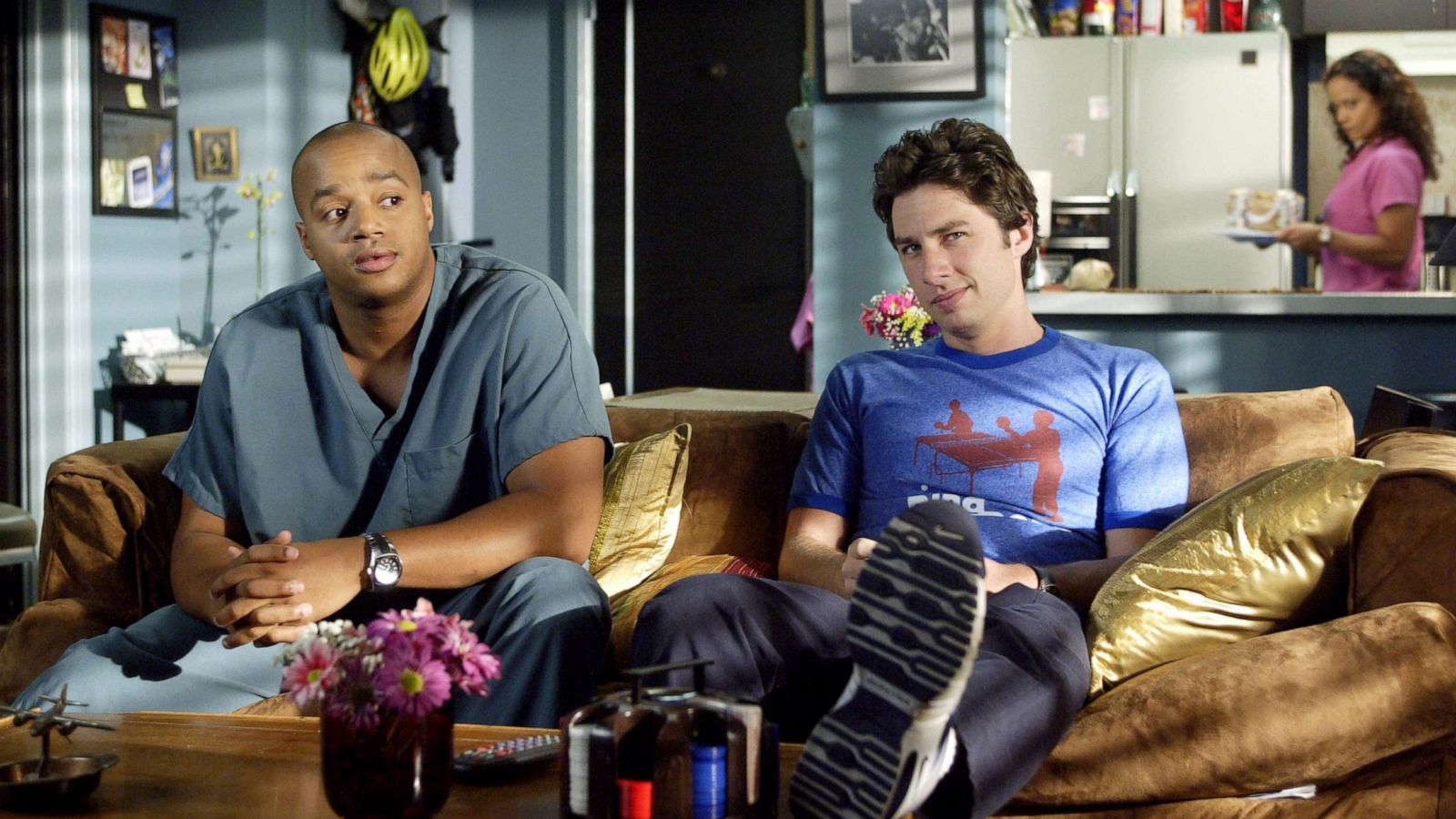 PHOTO: Donald Faison, as Dr. Christopher Turk, Zach Braff as Dr. John 'J.D.' Dorian, Judy Reyes as Nurse Carla Espinoza, in a scene from "Scrubs."