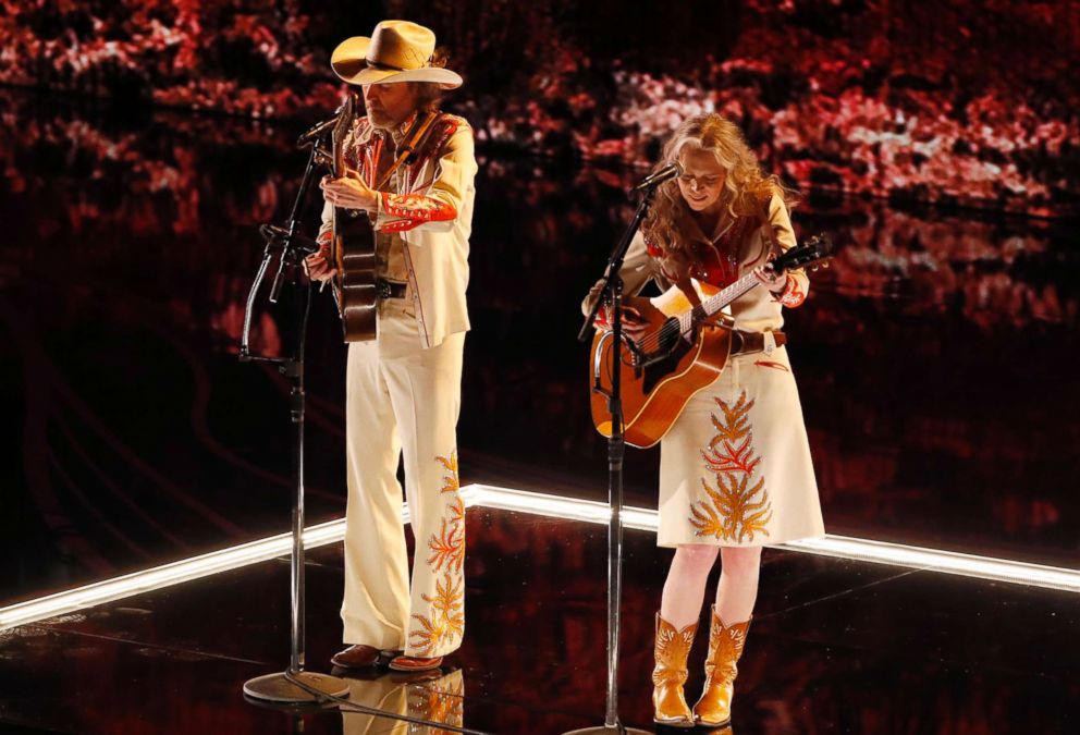 PHOTO: Gillian Welch and David Rawlings sing "When A Cowboy Trades His Spurs for Wings" from film, "The Ballard of Buster Scruggs," Feb. 24, 2019 during the Oscars at the Dolby Theatre in Los Angeles.