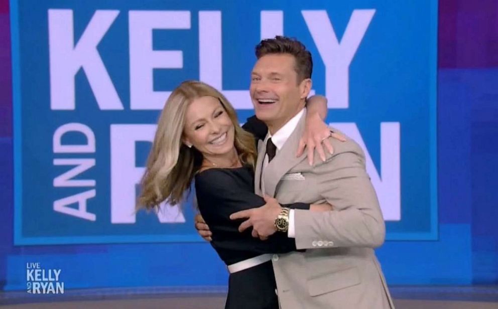 PHOTO: Ryan Seacrest hugs Kelly Ripa on his final episode of "Live with Kelly and Ryan," on April 14, 2023.