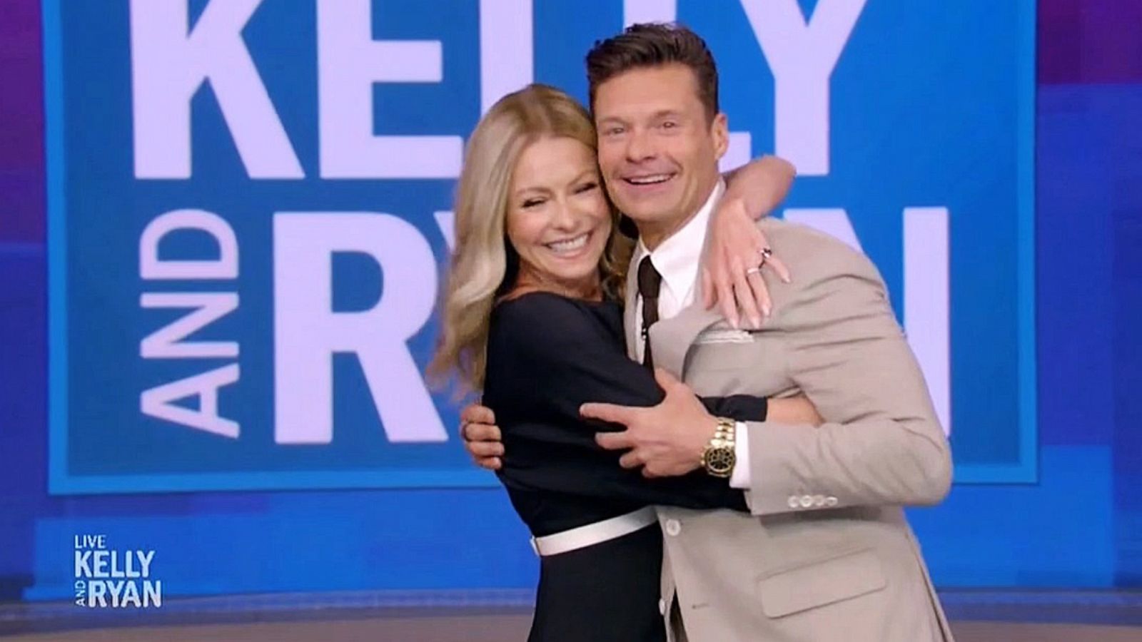 PHOTO: Ryan Seacrest hugs Kelly Ripa on his final episode of "Live with Kelly and Ryan," on April 14, 2023.