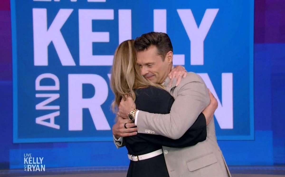 PHOTO: Ryan Seacrest hugs Kelly Ripa on his final episode of "Live with Kelly and Ryan," on April 14, 2023.
