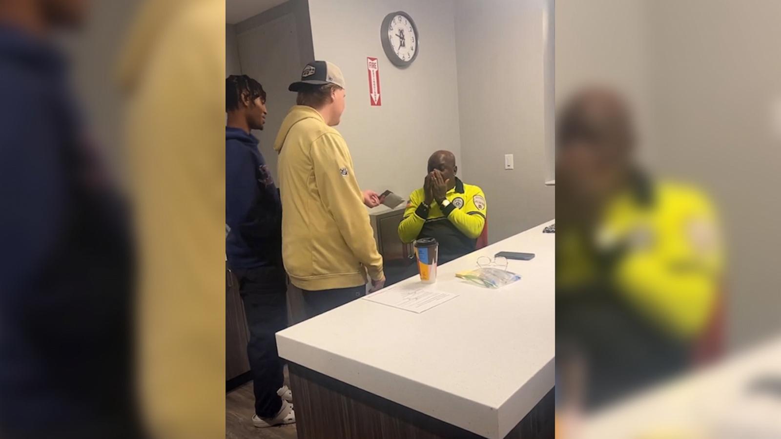 PHOTO: A group of Providence College students raised money online and surprised their residence hall security officer James Mogaji with $3,000, enough for him to travel to Nigeria to see family.