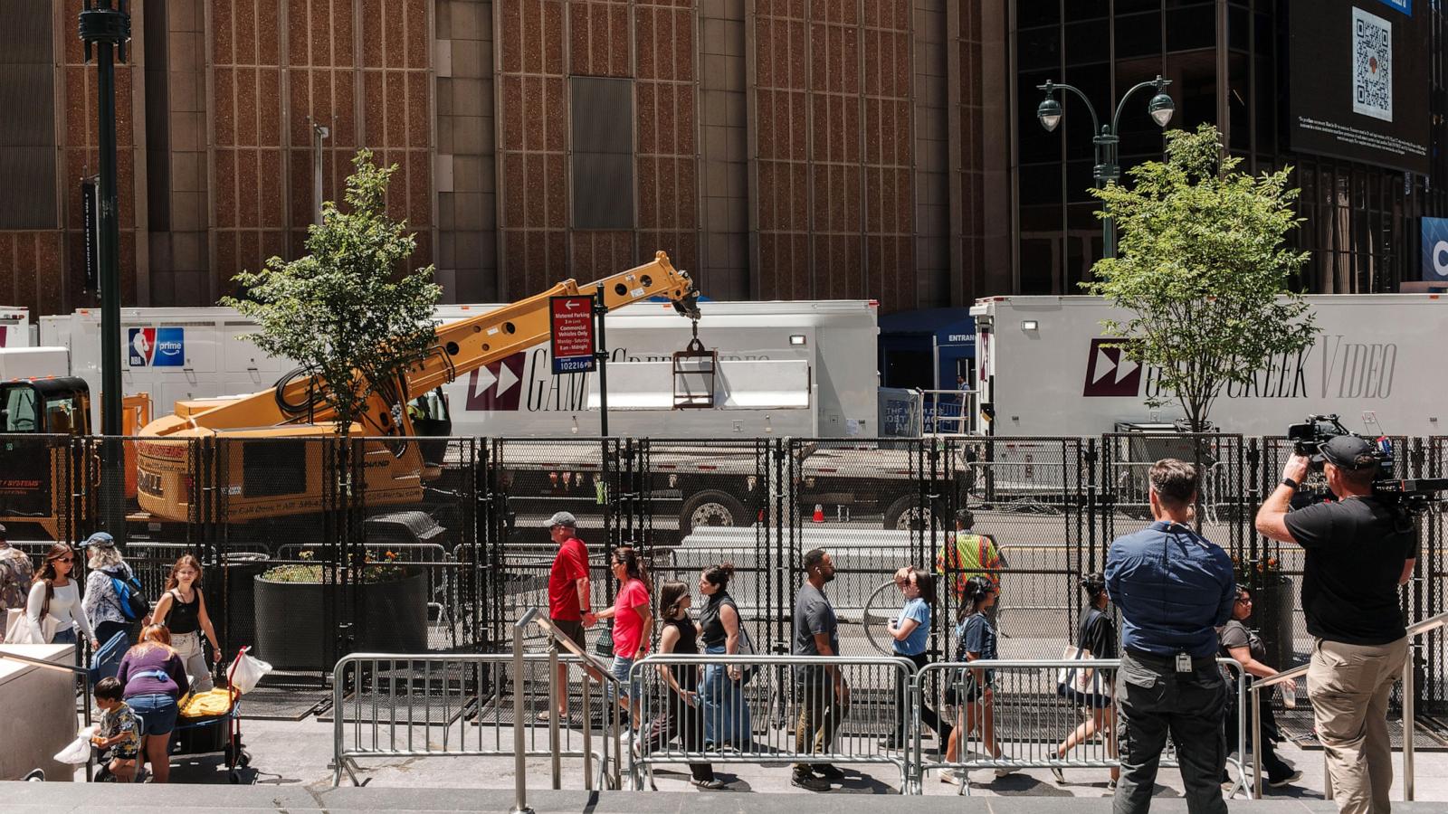 PHOTO: Concrete barriers are taken off a truck at Madison Square Garden ahead of Game 3 of the NBA Finals between New York Knicks and San Antonio Spurs, on June 8, 2026, in New York.