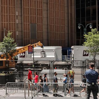 PHOTO: Concrete barriers are taken off a truck at Madison Square Garden ahead of Game 3 of the NBA Finals between New York Knicks and San Antonio Spurs, on June 8, 2026, in New York.