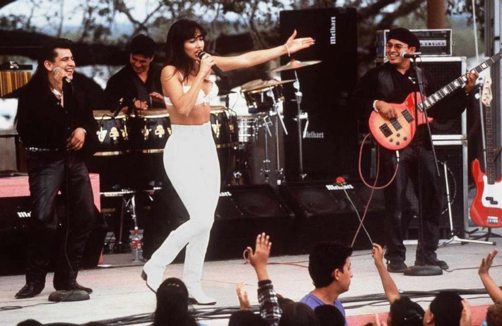 PHOTO: Jennifer Lopez, who plays Selena in the movie "Selena," performs with her band in one of the scenes from the movie. 
