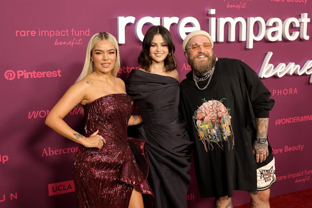 PHOTO: Karol G, Selena Gomez and Teddy Swims attend Selena Gomez's 2nd Annual Rare Impact Fund Benefit at Nya Studios on Oct. 24, 2024, in Los Angeles.