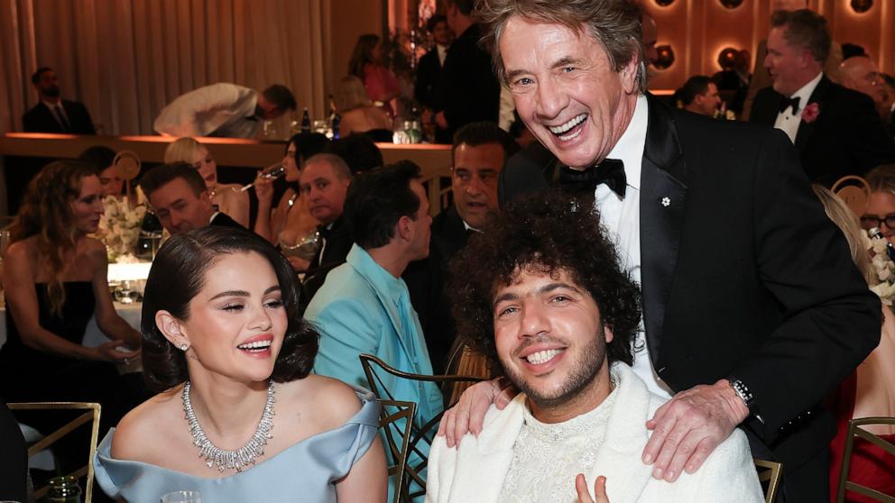 PHOTO: Selena Gomez, Benny Blanco and Martin Short attend the 82nd Annual Golden Globe Awards, Jan. 5, 2025, in Beverly Hills, Calif.