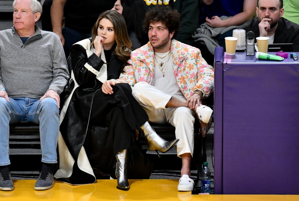 PHOTO: In this Jan. 3, 2024, file photo, Selena Gomez and Benny Blanco attend a basketball game between the Los Angeles Lakers and the Miami Heat at Crypto.com Arena, in Los Angeles.