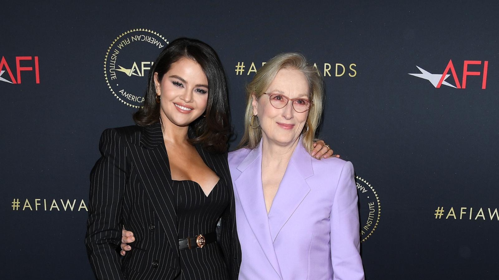 PHOTO: In this Jan. 12, 2024, file photo, Selena Gomez and Meryl Streep arrive at the AFI Awards Luncheon in Los Angeles.