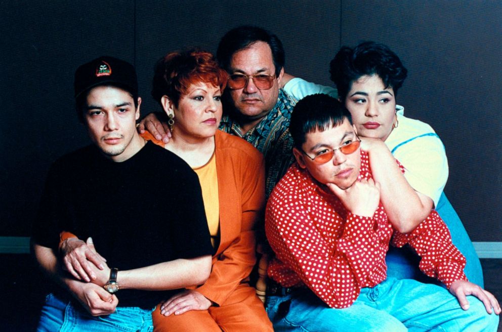 PHOTO: The family of late tejano singer Selena,husband Chris Perez, parents Marcela and Abraham Quintanilla, and siblings A.B. and Suzette, pose together for a portrait, Jan. 1, 1995.
