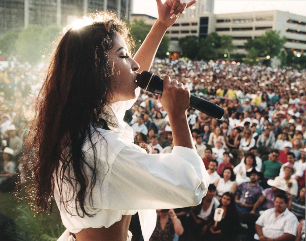 PHOTO: Selena performs at Hemisfair Plaza in San Antonio, Texas, April 24, 1994.