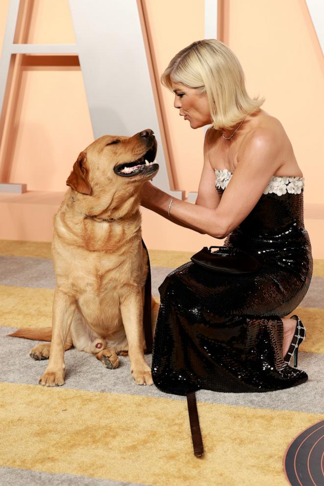 PHOTO: Selma Blair and her service dog Scout arrive at the Vanity Fair Oscars party after the 97th Academy Awards, in Beverly Hills, Calif. Mar. 2, 2025. 