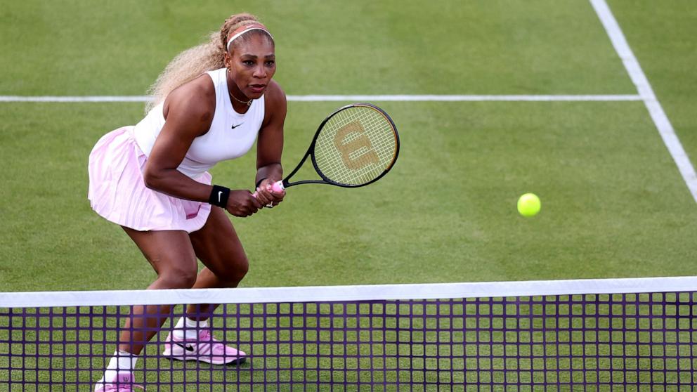 PHOTO: Serena Williams watches the ball during the Women's Doubles first round match on Day Two of the HSBC Championships at The Queen's Club, June 9, 2026, in London.