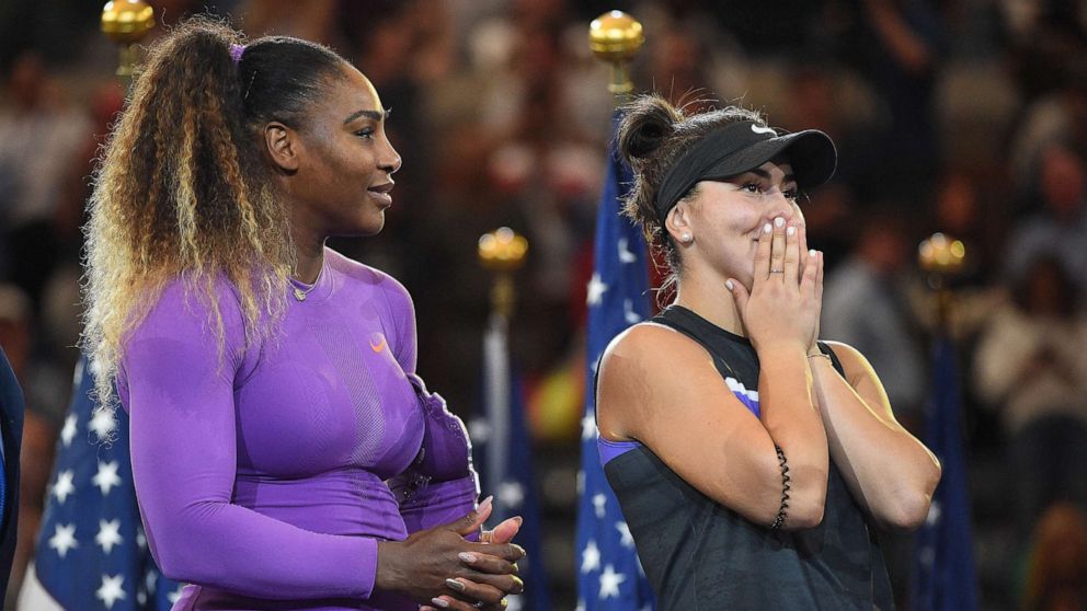 PHOTO: Serena Williams and Bianca Vanessa Andreescu during the women's trophy ceremony at the 2019 US Open at Billie Jean National Tennis Center in New York City, Sept., 7, 2019.