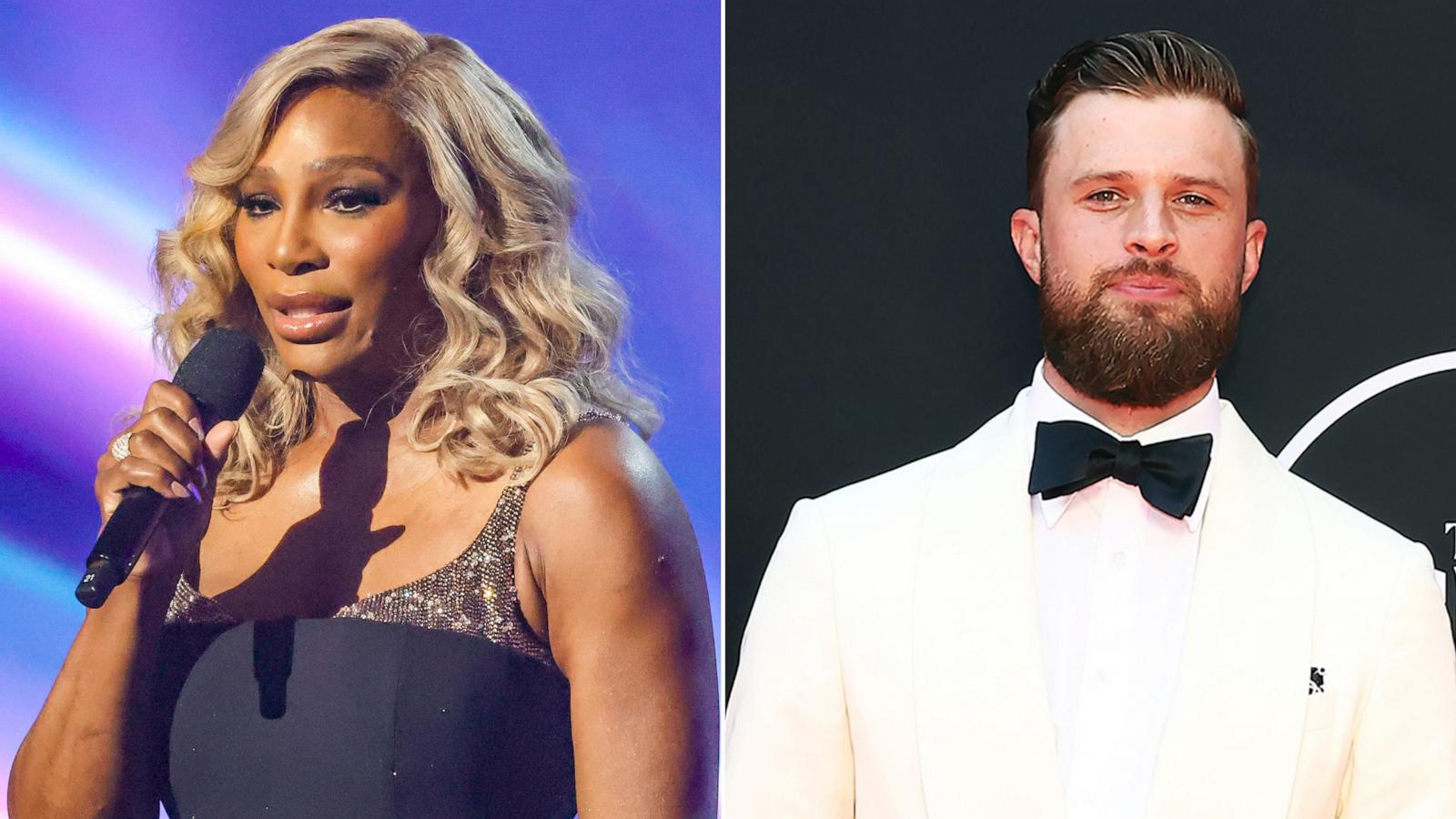 PHOTO: Serena Williams speaks onstage during the 2024 ESPY Awards at Dolby Theatre on July 11, 2024 in Hollywood, Calif. | Harrison Butker attends the 2024 ESPY Awards at Dolby Theatre on July 11, 2024 in Hollywood, Calif.