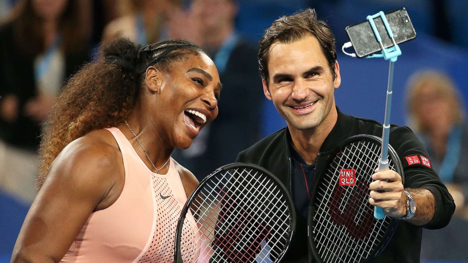 PHOTO: Serena Williams of the U,S, and Roger Federer of Switzerland take a photo on court following their mixed doubles match during day four of the 2019 Hopman Cup at RAC Arena on in Perth, Australia, Jan. 01, 2019.