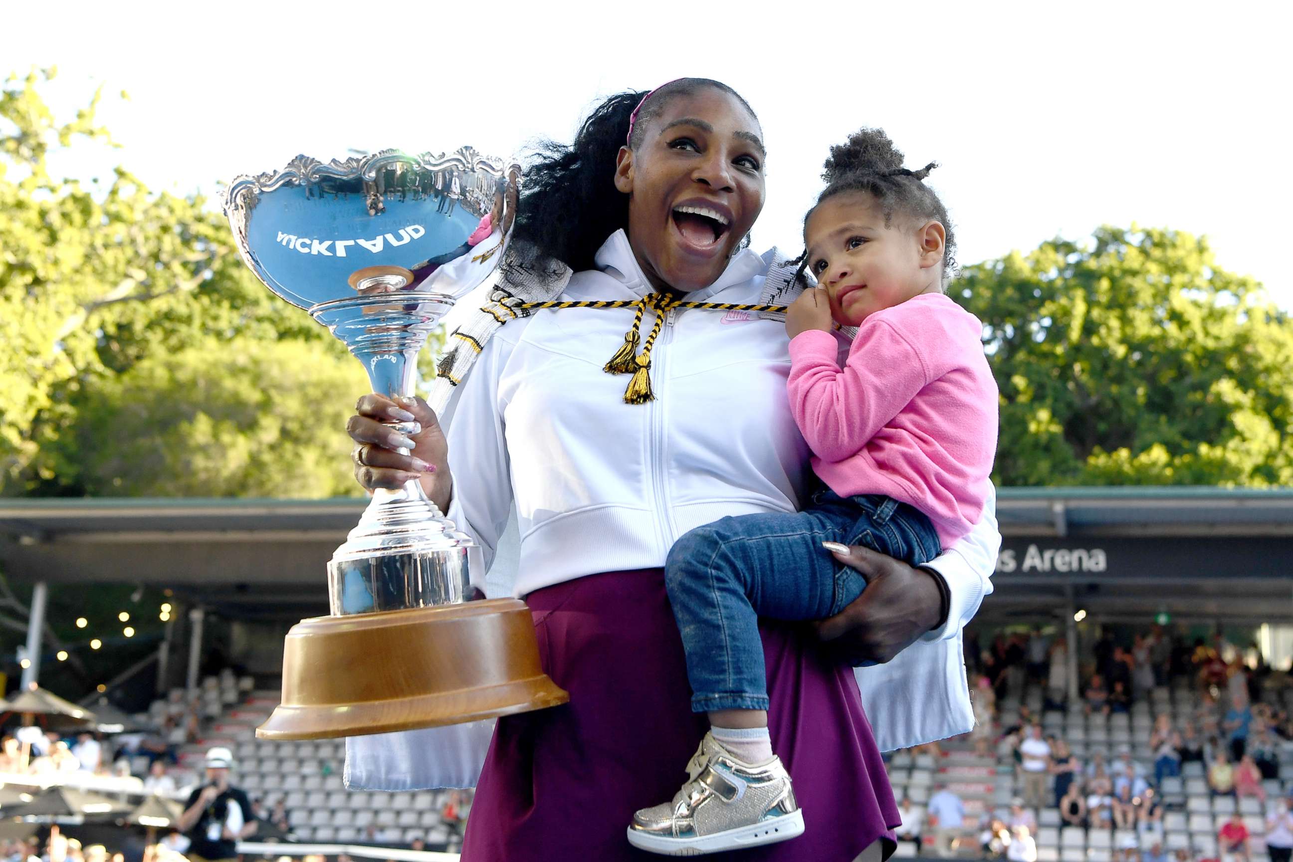 PHOTO: Serena Williams celebrates with her daughter Alexis Olympia after winning the ATP Auckland Open, Jan. 12, 2020, in Auckland, New Zealand. 
