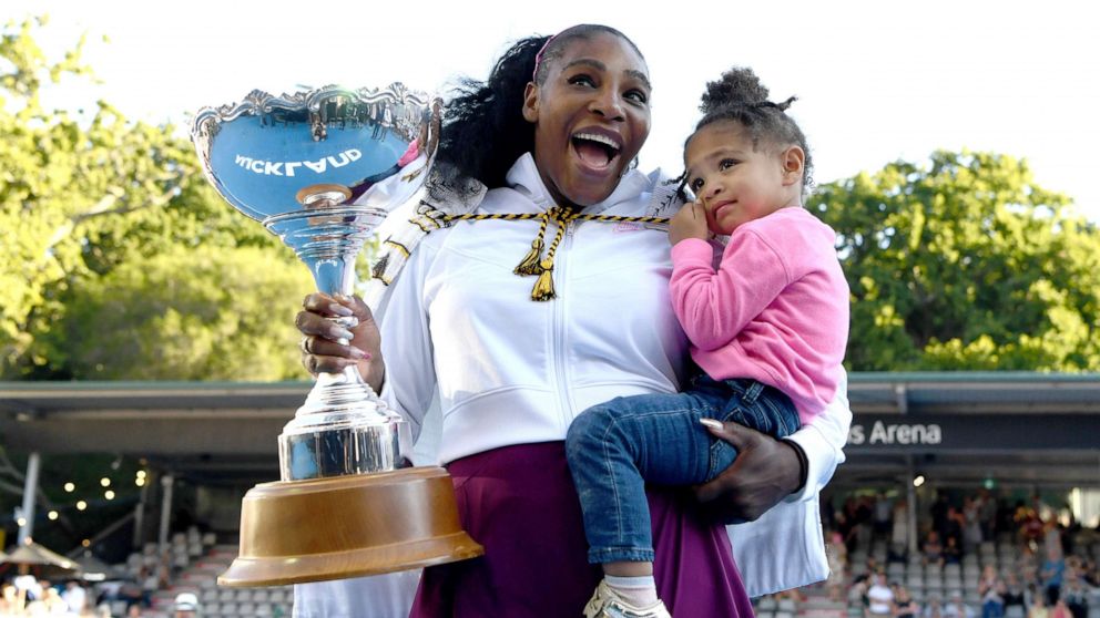 PHOTO: Serena Williams celebrates with her daughter Alexis Olympia after winning the ATP Auckland Open, Jan. 12, 2020, in Auckland, New Zealand. 