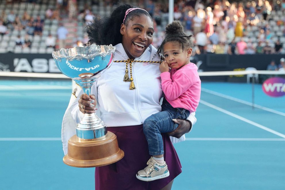 PHOTO: Serena Williams with her daughter Alexis Olympia after her win against Jessica Pegula at the Auckland Classic tennis tournament in Auckland on Jan. 12, 2020.