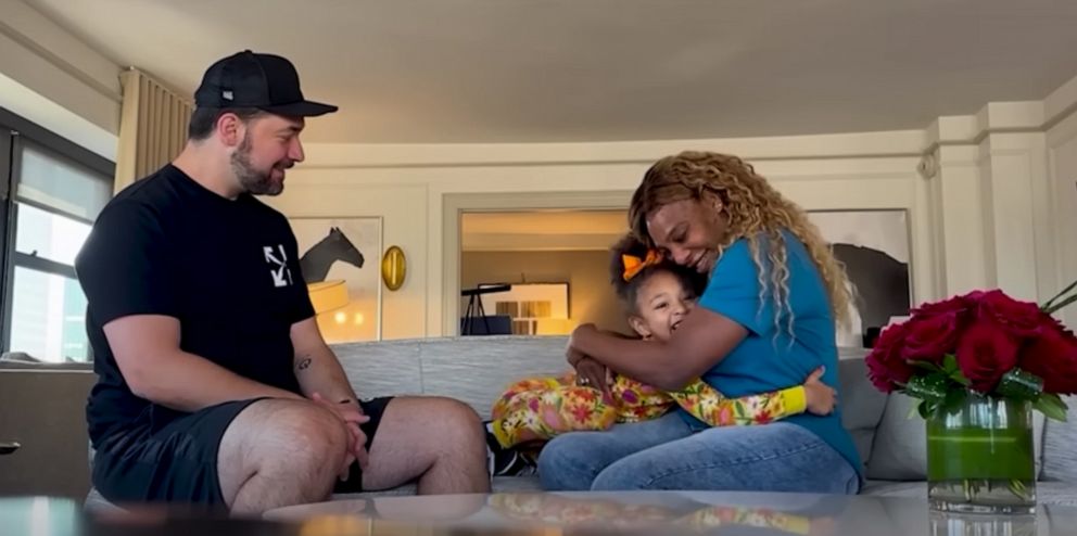 PHOTO: Serena Williams and her husband Alexis Ohanian in a scene from a video she posted telling their daughter Olympia that Serena is pregnant, May 23, 2023.