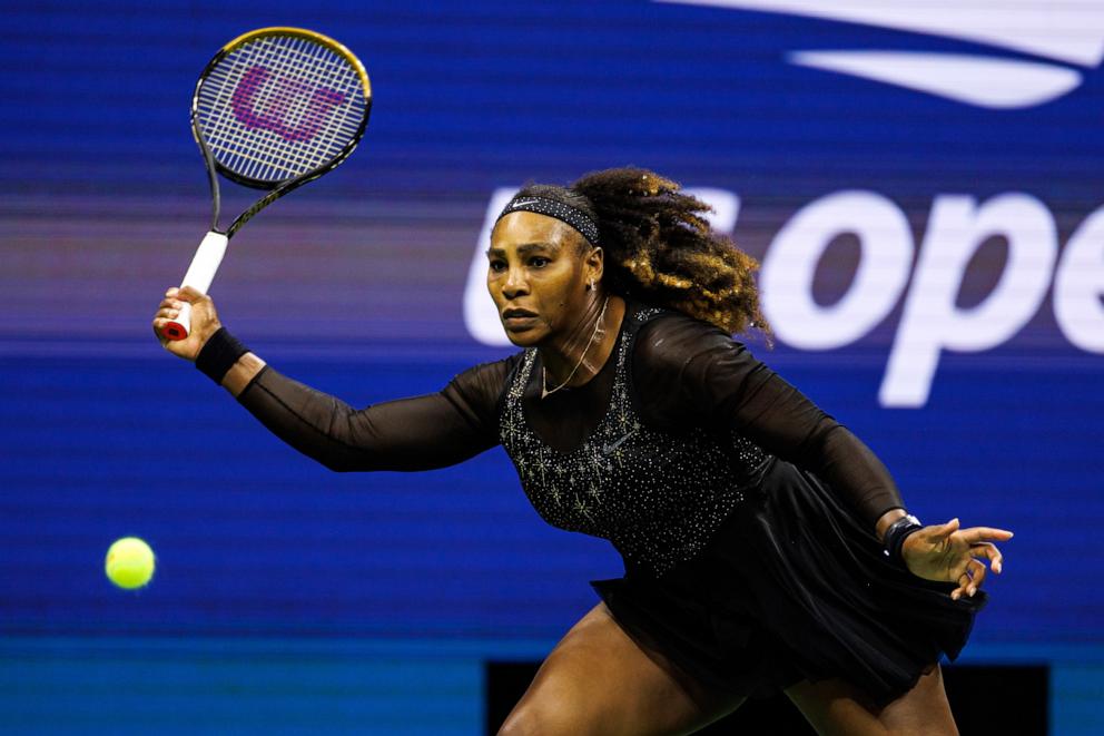 PHOTO: In this Aug. 31, 2022, file photo, Serena Williams hits a forehand against Anett Kontaveit of Estonia in the second round of the women's singles of the US Open, at the USTA Billie Jean King National Tennis Center, in New York.