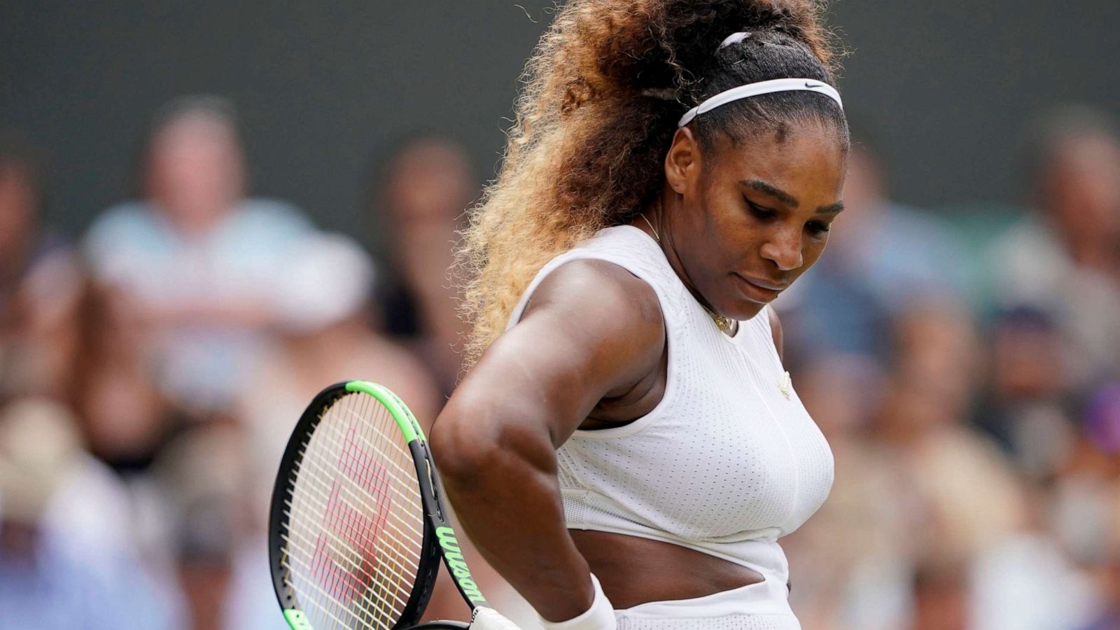 PHOTO: Serena Williams pauses during a quarter final match for the Wimbledon Championships at the All England Lawn Tennis Club, in London, July 9, 2019.