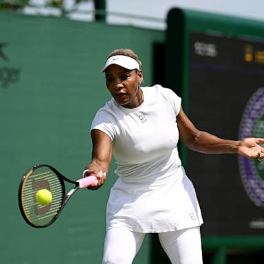PHOTO: Serena Williams plays a forehand during a training session before The Championships Wimbledon 2026 at All England Lawn Tennis and Croquet Club on June 27, 2026 in London, England.
