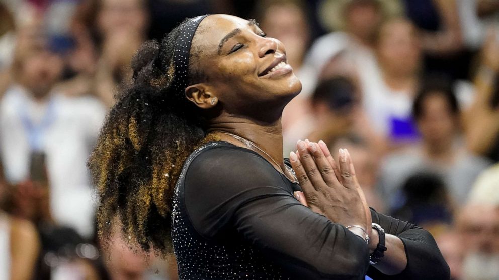 PHOTO: Serena Williams reacts after defeating Danka Kovinic, of Montenegro, during the first round of the US Open tennis championships, Aug. 29, 2022, in New York.