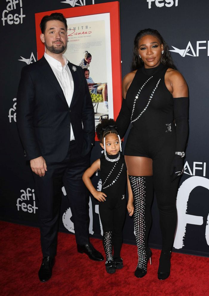 PHOTO: Alexis Ohanian, Olympia Ohanian Jr, and Serena Williams attend the 2021 AFI Fest: Closing Night Premiere Of Warner Bros. "King Richard" at TCL Chinese Theatre, Nov. 14, 2021, in Hollywood, Calif.