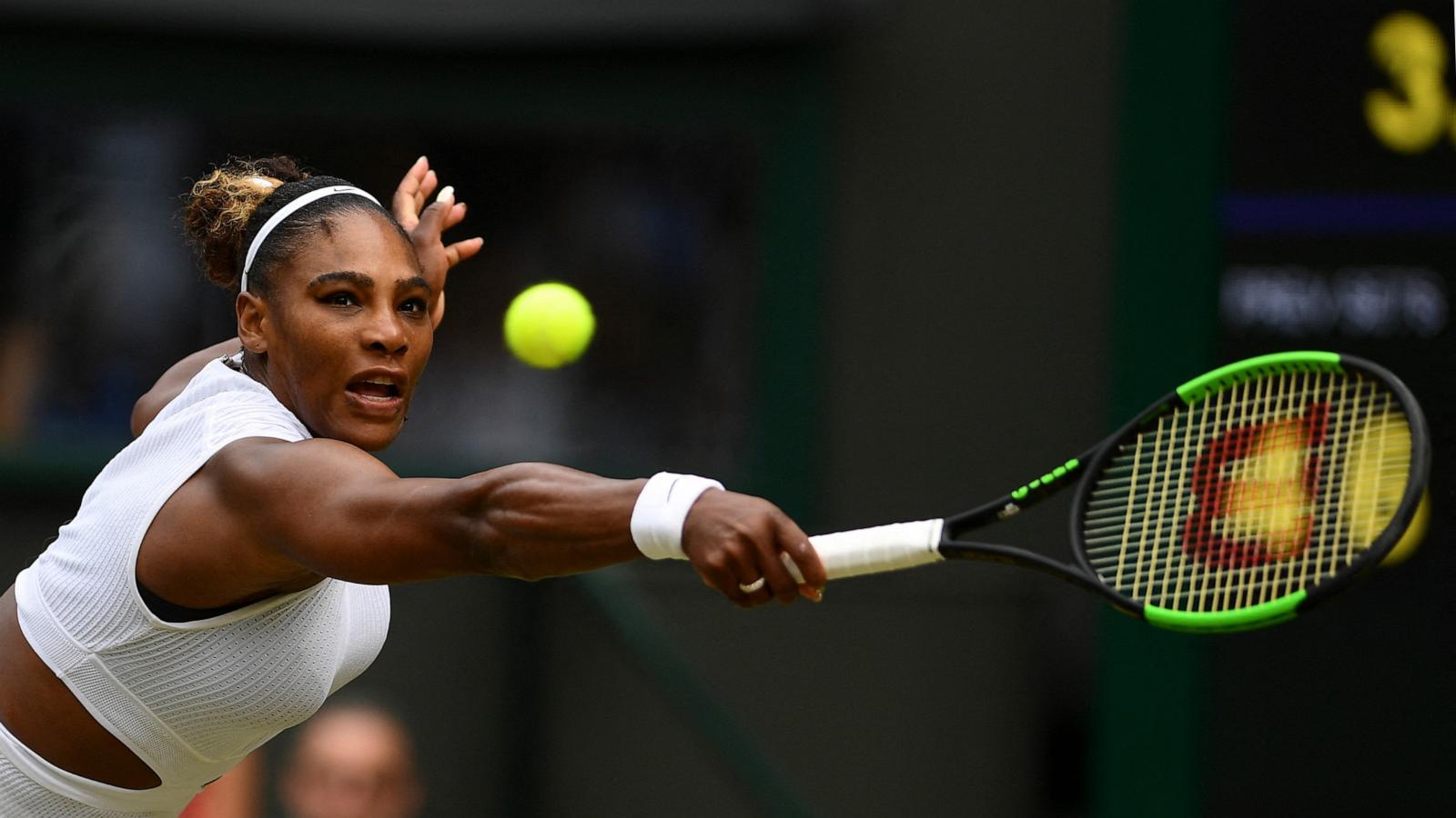 PHOTO: Serena Williams returns against US player Alison Riske during their women's singles quarter-final match on day eight of the 2019 Wimbledon Championships at The All England Lawn Tennis Club in Wimbledon, southwest London, on July 9, 2019.