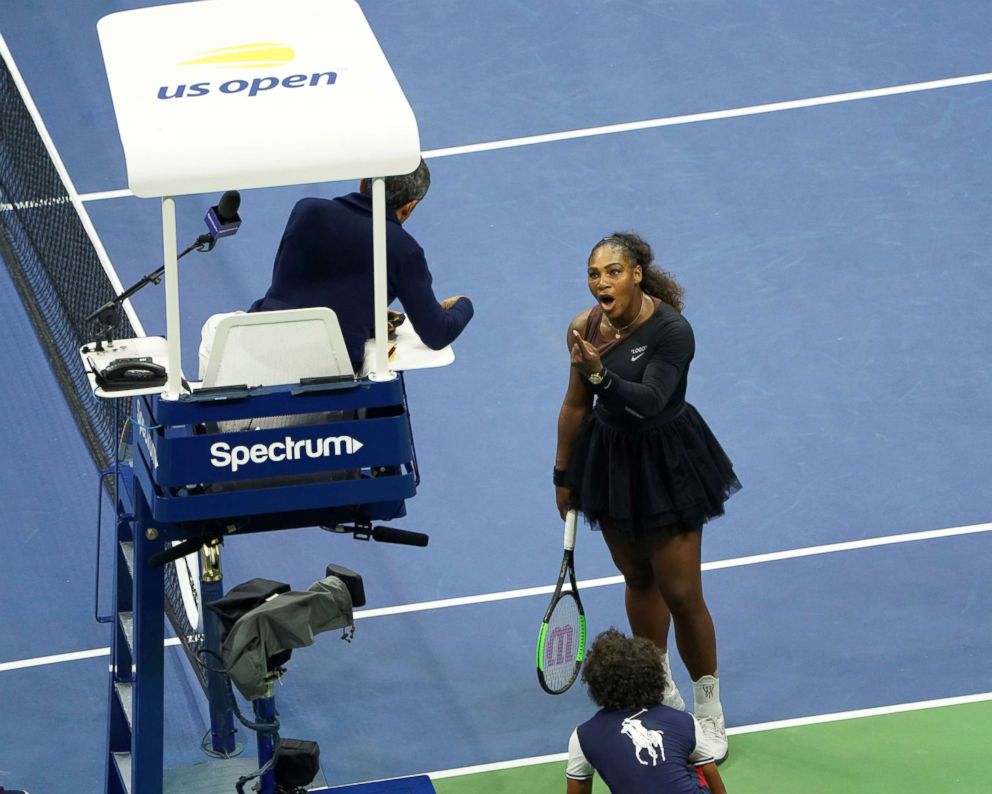 PHOTO: Serena Williams argues with the chair umpire during a match against Naomi Osaka, of Japan, during the women's finals of the U.S. Open tennis tournament at the USTA Billie Jean King National Tennis Center, Sept. 8, 2018, in New York.