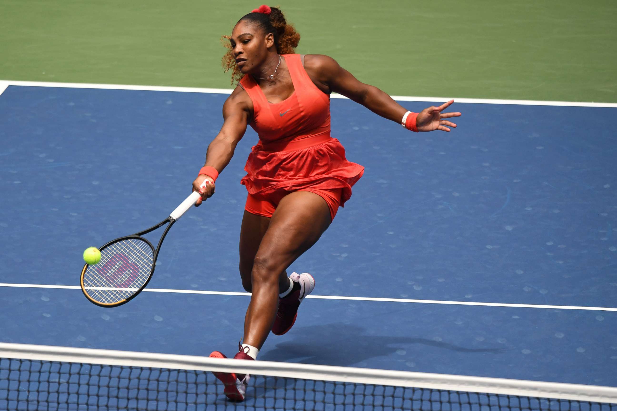 PHOTO: Serena Williams hits a forehand against Tsvetana Pironkova of Bulgaria in a women's singles quarter-finals match on day nine of the 2020 U.S. Open tennis tournament at USTA Billie Jean King National Tennis Center in New York, Sept. 9, 2020.