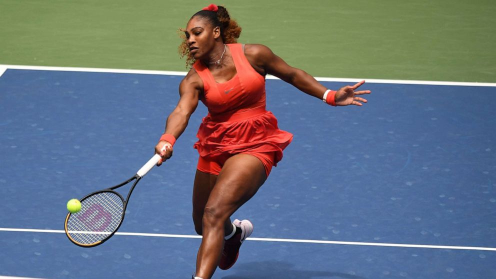 PHOTO: Serena Williams hits a forehand against Tsvetana Pironkova of Bulgaria in a women's singles quarter-finals match on day nine of the 2020 U.S. Open tennis tournament at USTA Billie Jean King National Tennis Center in New York, Sept. 9, 2020.