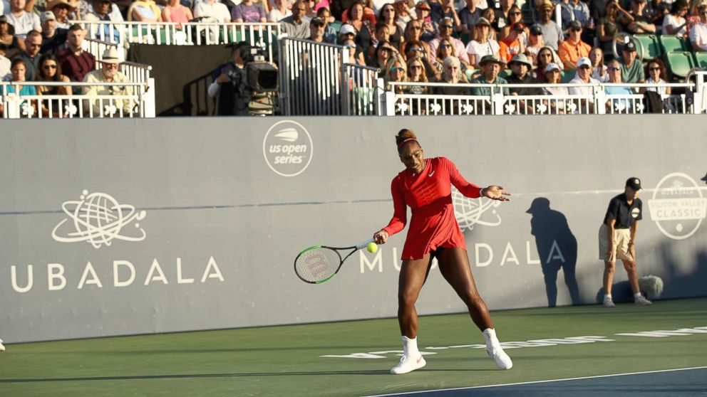 PHOTO: Serena Williams of the U.S. returns a shot to Johanna Konta of Great Britain during Day 2 of the Mubadala Silicon Valley Classic at Spartan Tennis Complex, July 31, 2018, in San Jose, Calif.