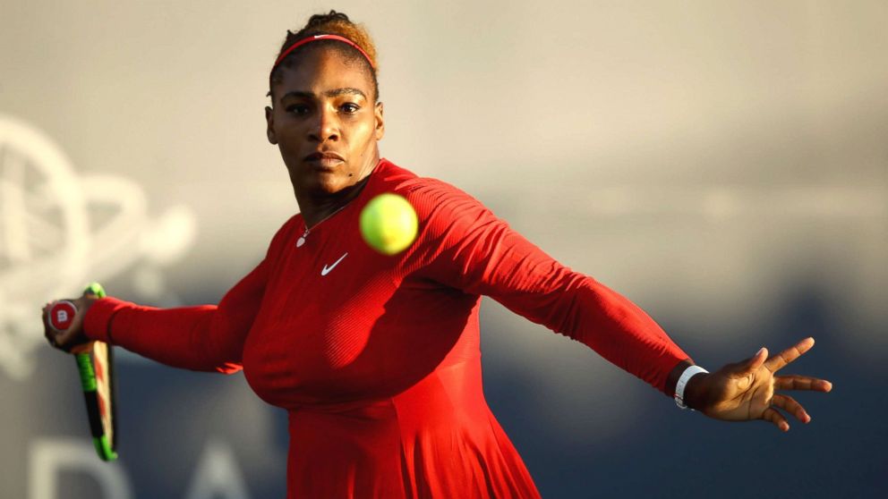 PHOTO: Serena Williams of the U.S. returns a shot to Johanna Konta of Great Britain during Day 2 of the Mubadala Silicon Valley Classic at Spartan Tennis Complex, July 31, 2018, in San Jose, Calif.