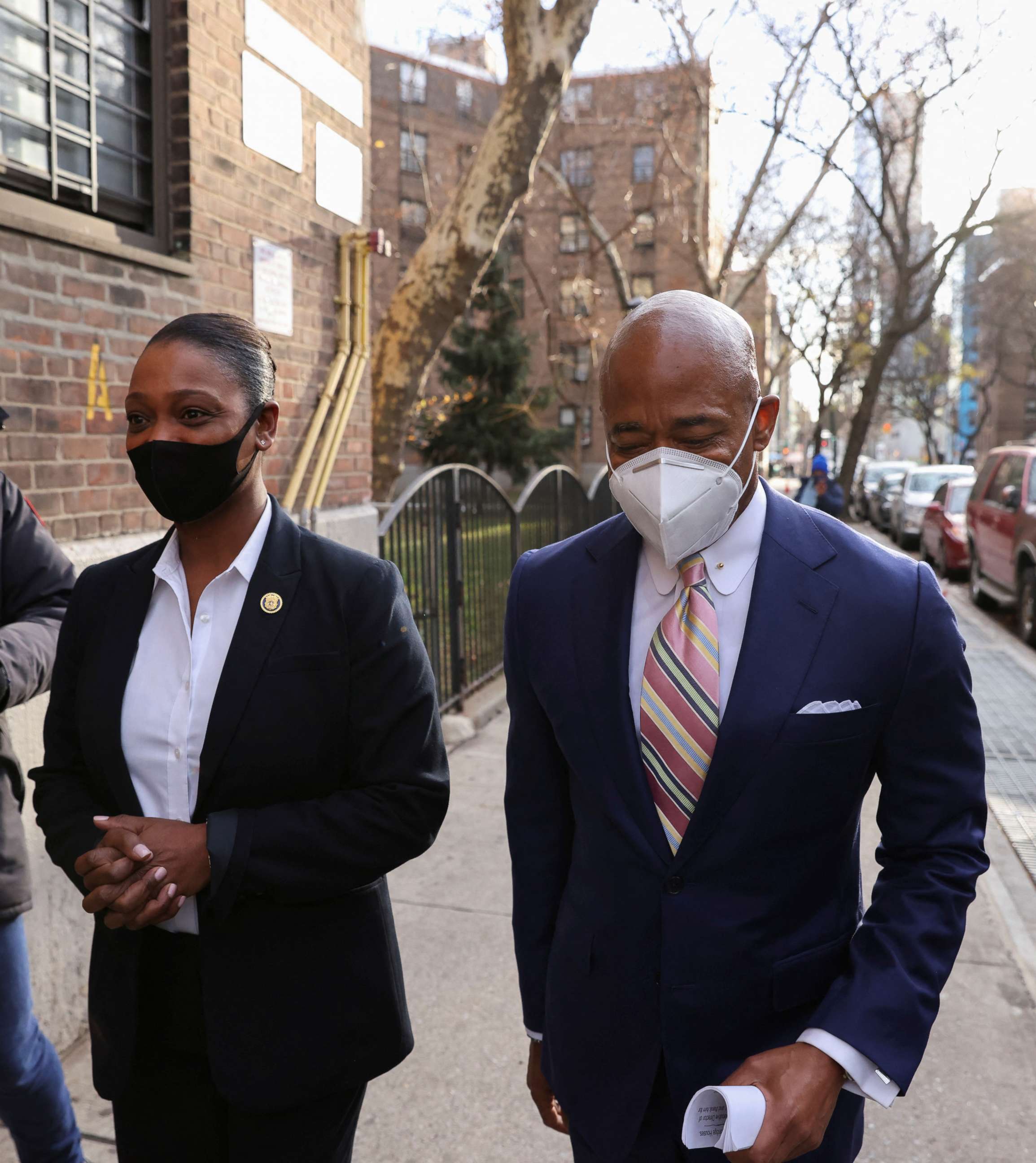 PHOTO: Incoming New York City Mayor Eric Adams and Nassau County Chief of Detectives Keechant Sewell arrive for a ceremony in Queensbridge Houses, Queens, New York City, Dec.15, 2021.