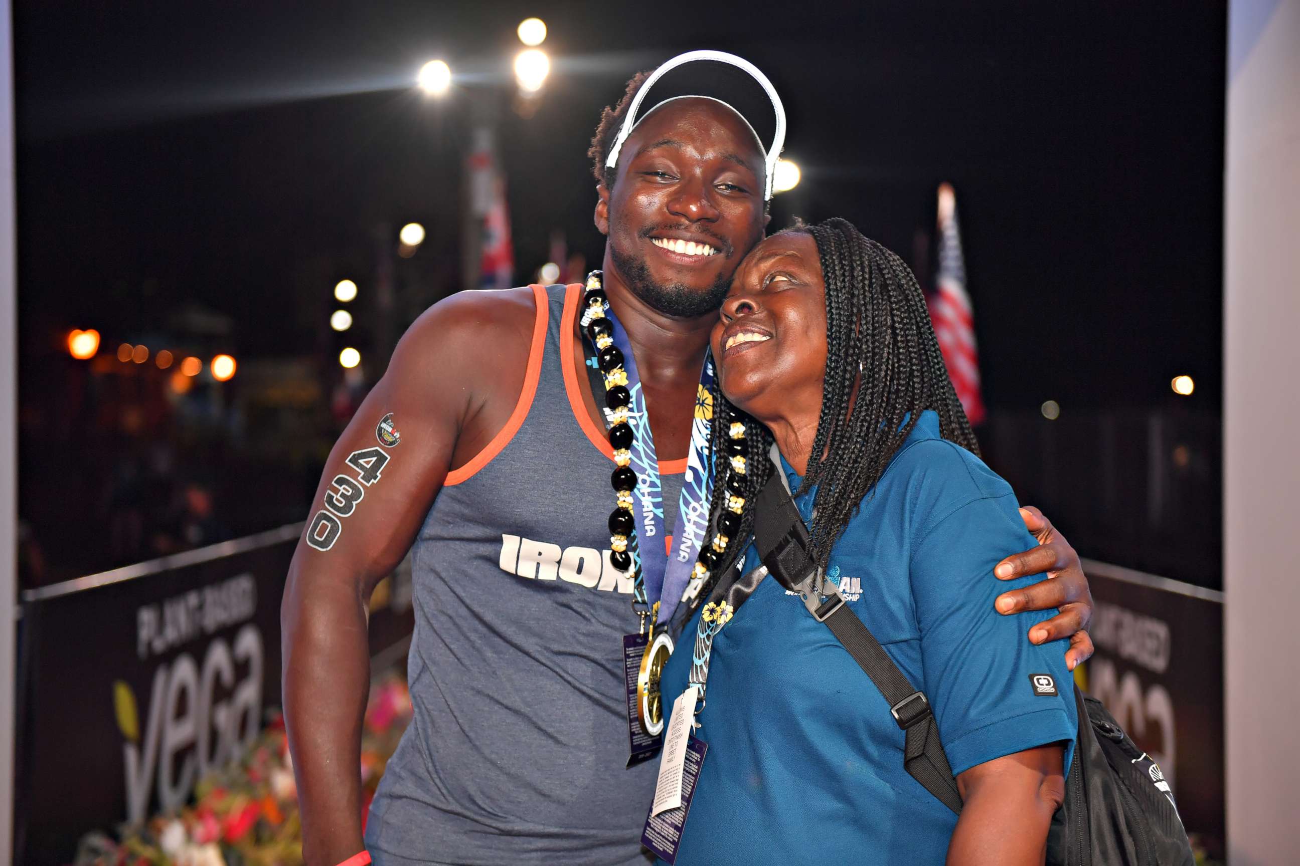PHOTO:Roderick Sewell with his mother, Marian Jackson, after completing the 2019 Ironman World Championship on Oct. 12, 2019, in Kailua Kona, Hawaii.
