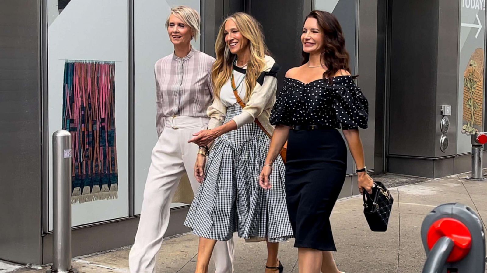 PHOTO: In this July 9, 2021, file photo, Cynthia Nixon, Sarah Jessica Parker and Kristin Davis are seen on the set of "And Just Like that" in New York.